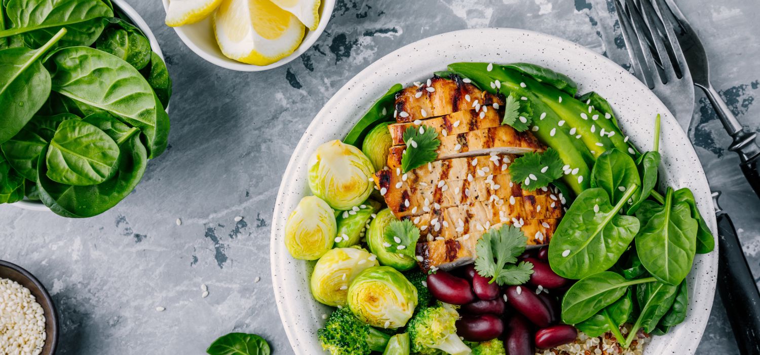 chicken and salad in a bowl