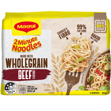 MAGGI 2 Minute Noodles Wholegrain Beef Flavour 5 Pack - FOP